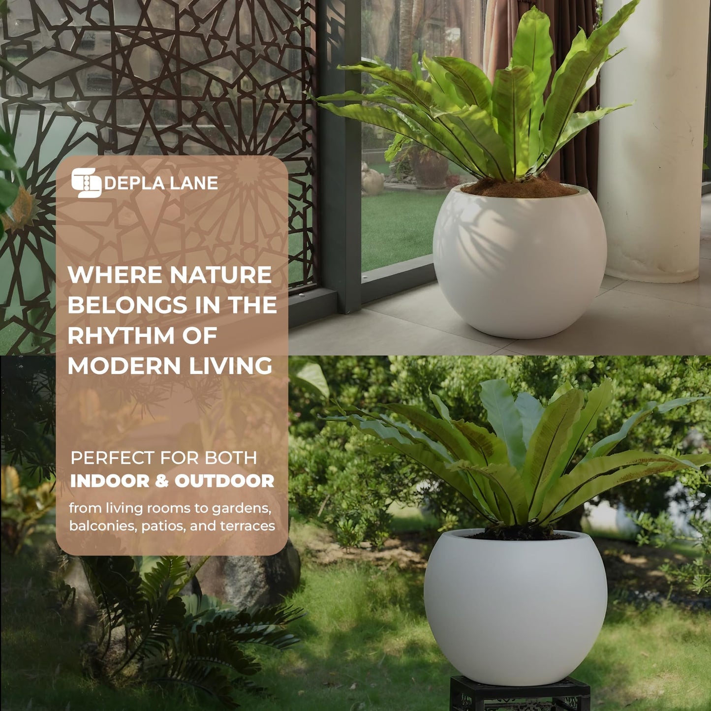 DEPLA LANE Marlo Fiberstone Round Planter (8.5" Pot Opening x 12..6" D x 9.8" H) Smooth Finishes, Lightweight, Durable, UV Resistant, Modern Minimalist Home Decor, Indoor Outdoor Plant Pot (S, White)