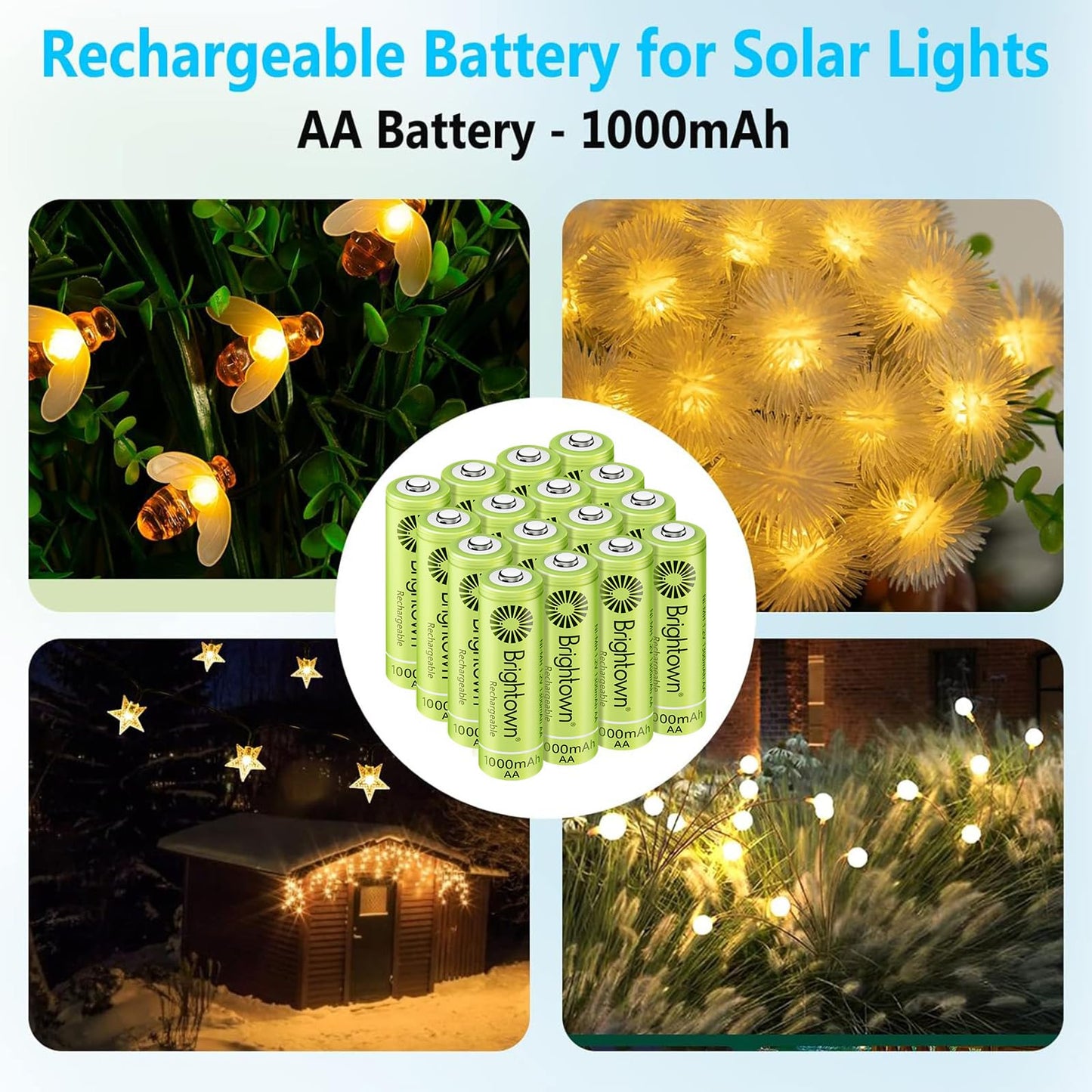 Brightown 12-Pack Rechargeable AA Batteries - 1000mAh 1.2V NiMH High Capacity Batteries - Ideal for Solar Lights & Home Devices, Recharge up to 1000x Times, Pre-Charged