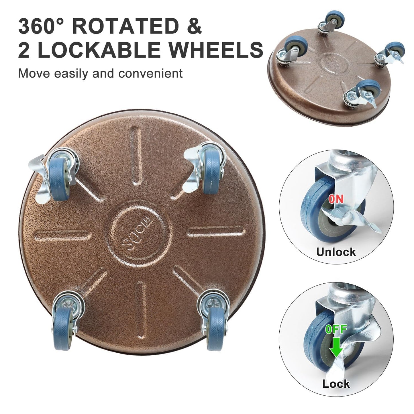 YUFDA 2 Pack 12.2 Inch Metal Plant Caddy With Lockable Wheels,Plant Stand Dolly for Heavy Planter,Wheeled Planter Saucer Tray,Rolling plant stand,Heavy-Duty Plant Caddy for Indoor and Outdoor(Copper)