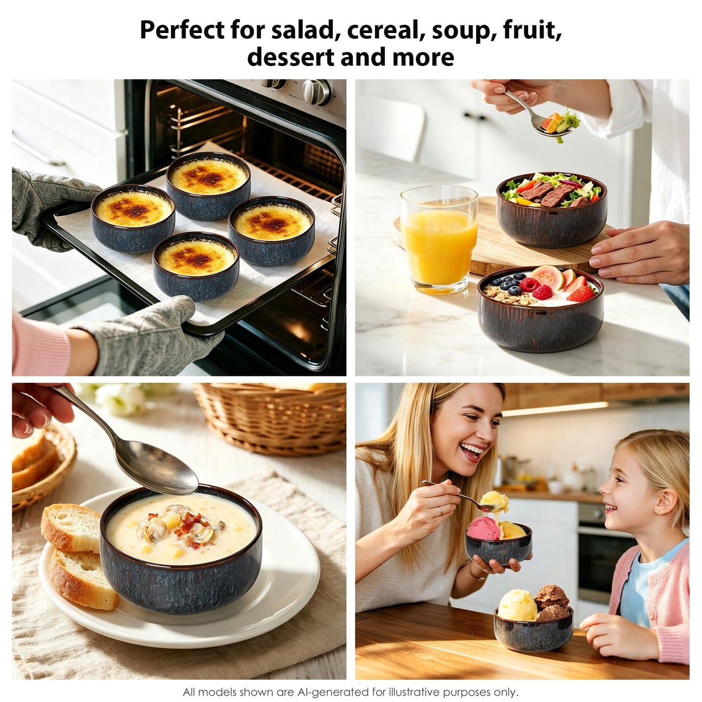 CLAYORA Stoneware Bowls Set of 4, Ceramic Bowl Set, Aesthetic Soup & Cereal Bowls for Salad Bowl, Ice Cream Bowl, Fruit Bowl, Unique Handmade Glaze Finish, Modern Kitchen Dining Decor