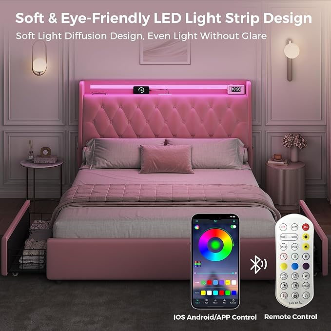Full LED Velvet Bed Frame with 2 Storage Drawers&Hidden Headboard, Upholstered