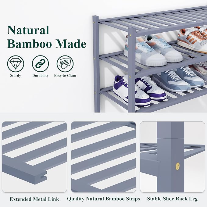 Smiry Bamboo Shoe Rack, 2 Tier Free Standing Wooden Shoe Organizer, Stackable Wood Shoe Storage Shelf for Closet, Entryway, 14 Vertical Slats, One-piece Heavy-Duty Legs, 26.8"x11"x13", Grey