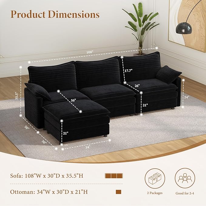 Vesgantti 108" Modular Cloud Couch, Deep Seat Sectional Sofa