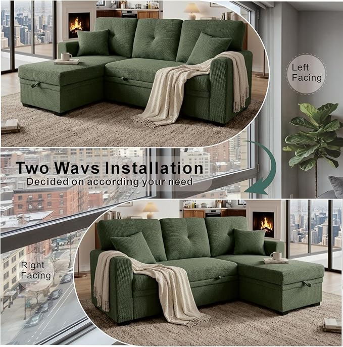 L Shaped Sectional Couch with Storage and Pull Out Bed, 3 Seater Sleeper Sofas