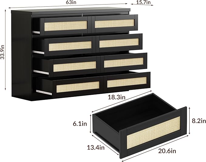 47 Inch Rattan 8 Drawer Dresser, Modern Farmhouse Chest of Drawers, Tv Stand