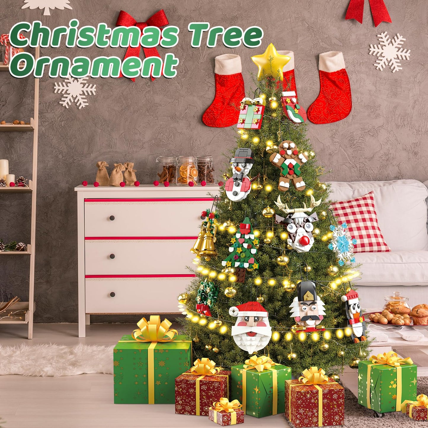 Christmas Ornaments Building Blocks Set,12 PCS Christmas Ornaments Building Kit, Santa, Snowman, Reindeer, Christmas Tree, Snowflake, Stocking, Stocking Stuffers Decor Toys Gifts for Boys Girls Kids