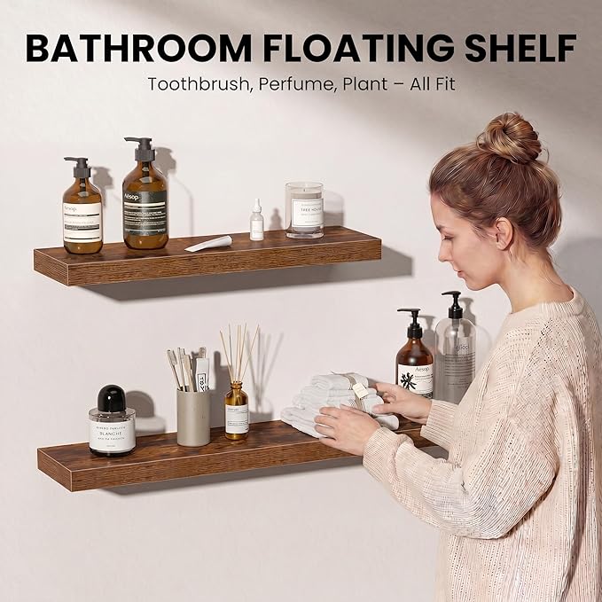Fun Memories Floating Shelves for Wall, 48 Inch Long Set of 2 Rustic Wood Wall