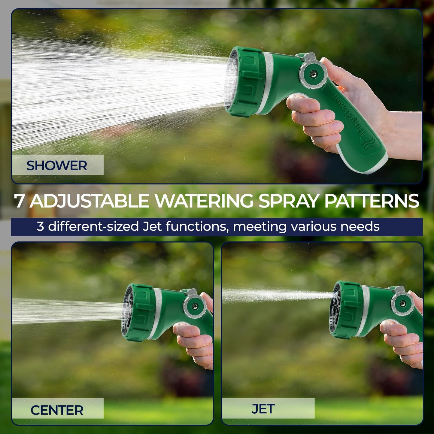 HugeDawn Garden Hose Nozzle with 7 Spray Patterns, Heavy Duty Metal Sprayer 30% Greater Water Flow for Watering, Car Wash, Outdoor Cleaning (Green)