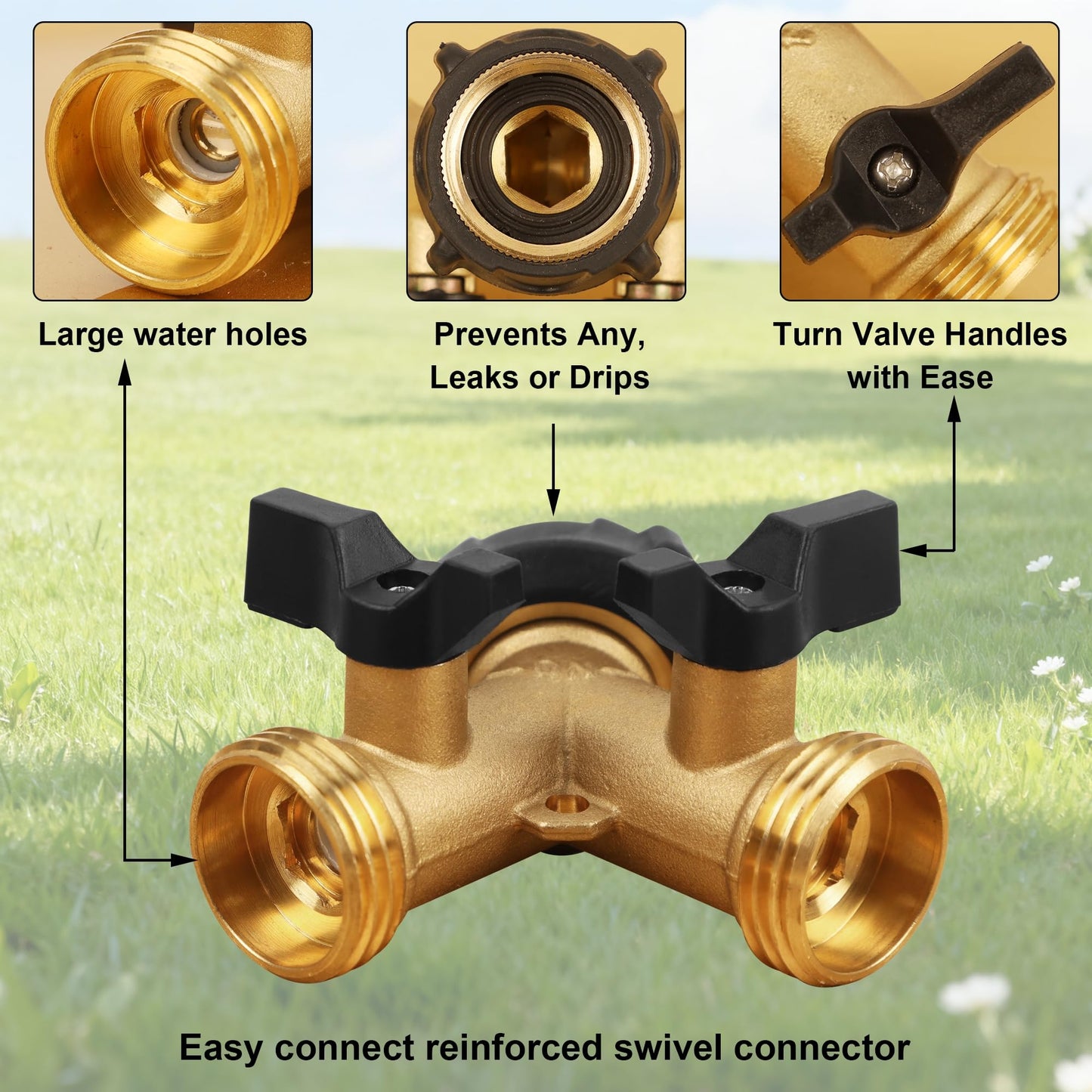 Biswing 2 Pack Garden Hose Splitter 2 Way, Heavy Duty Brass Connector Tap Splitter, Y Splitter 2 Valves with 4 Extra Rubber Washers