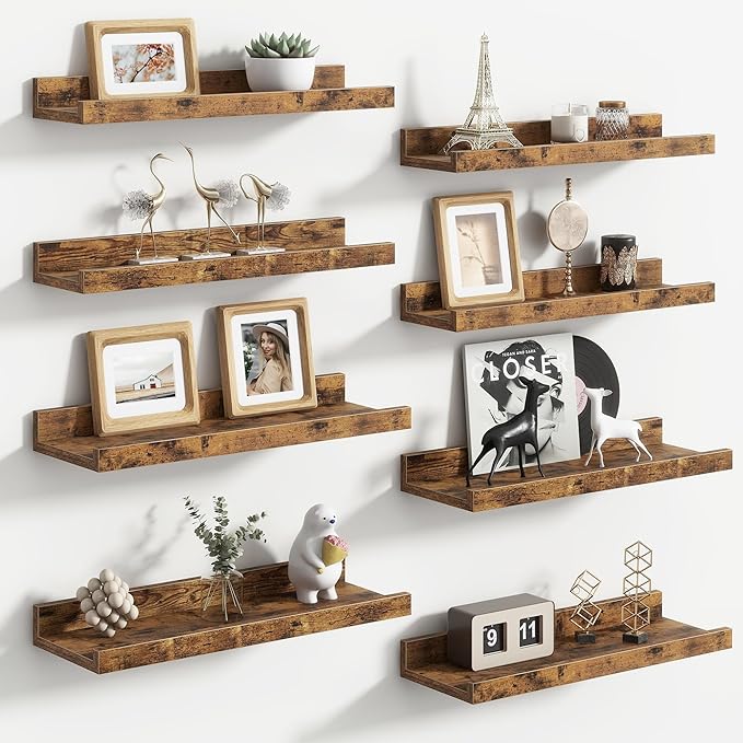 Floating Picture Ledge Shelves Set of 8, 16 Inch Solid Wood Wall Shelves