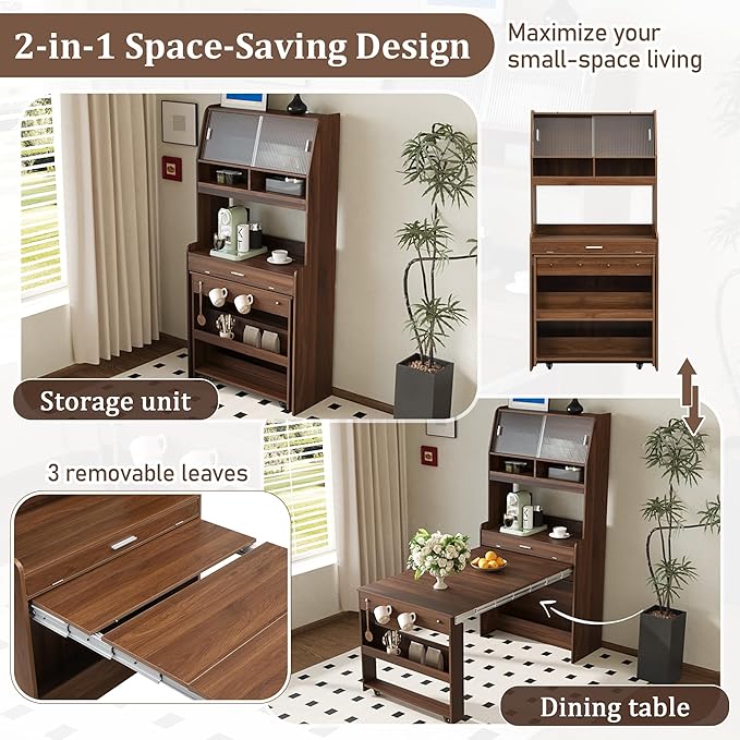 Spaco 2-in-1 Folding Dining Table and Buffet Cabinet Set, Compact Pull-Out