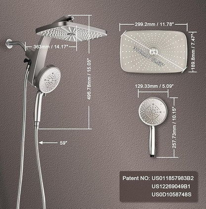 BOZYBO Rain Shower Head with Handheld: High Pressure Shower Heads with Handheld Spray Combo, 12" Rainfall Shower Head and 9 Sprays Hand Showerheads with Magnetic Docking and Power Jets, Nickel 1.8GPM