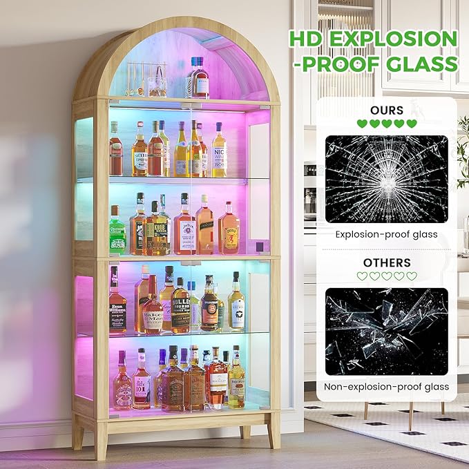 HNEBC Arched Display Case with RGB Lights, LED Curio Cabinet with Shelf