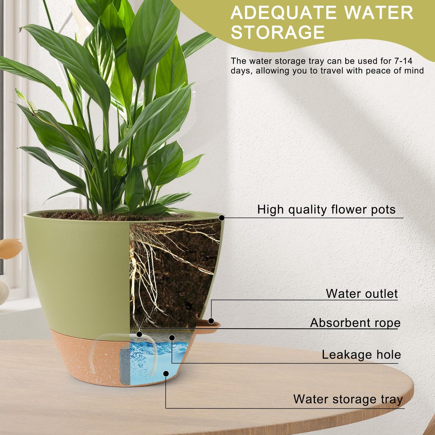 WEICHENGXING Plant Pots,12/10/9/8/ Inch Large Plastic Self Watering Flower Pots Indoor Outdoor with Drainage Holes, Deep Reservoir,Nursery Planting Pot for Indoor Out Door Plants