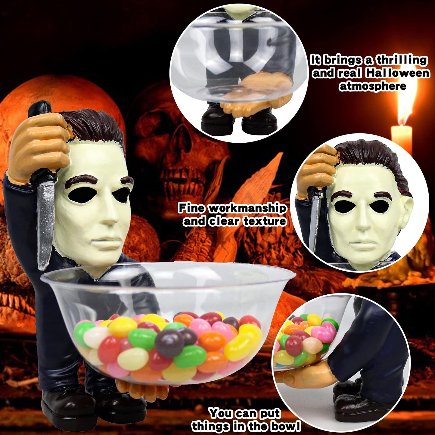 Halloween Candy Bowl Holder Horror Movie Gnomes Scary Candy Dish Stand Decorations (Resin) (A)