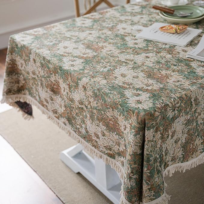 Aesthetic Green and Beige Floral Table Cloth, Linen Texture Table Cloth