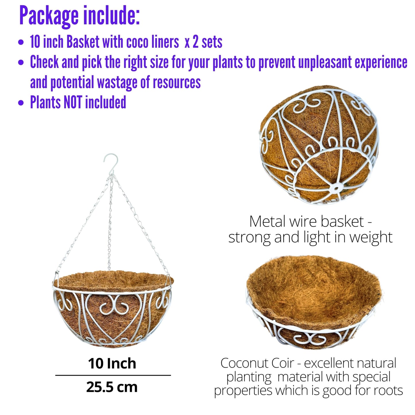 LaLaGreen Hanging Baskets for Plants (2 Pack, 10 Inch) Small Hanging Flower Pots with Coco Liner, White Metal Wire Round Plant Holder with Hanger Hook Chain Outdoor Deck Patio Balcony Garden Decor