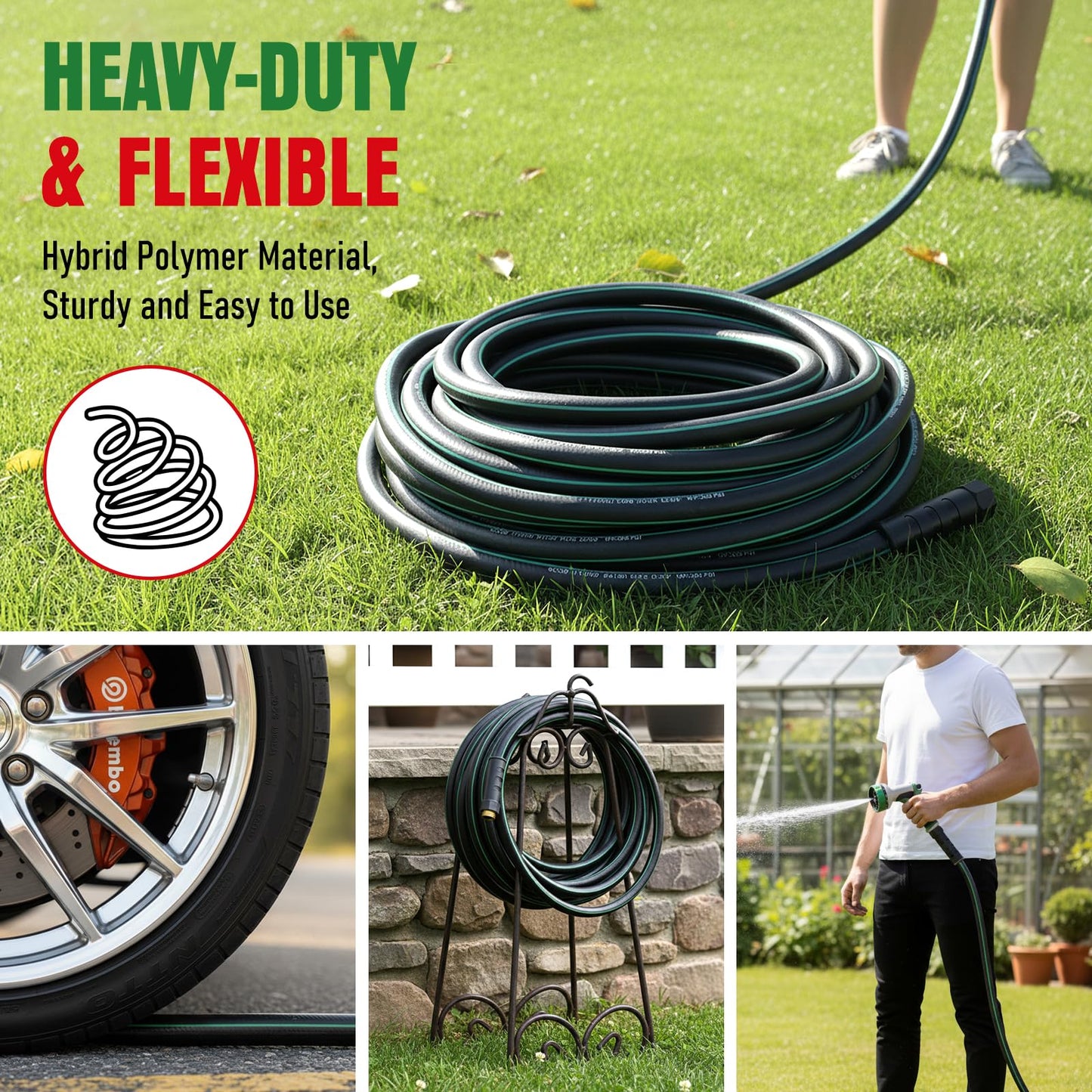 Garden Hose 25 ft x 5/8" with Nozzle, Water Hose Heavy Duty Flexible, Lightweight Kink-less Hybrid Hose with Swivel Handle, Male to Female Fittings
