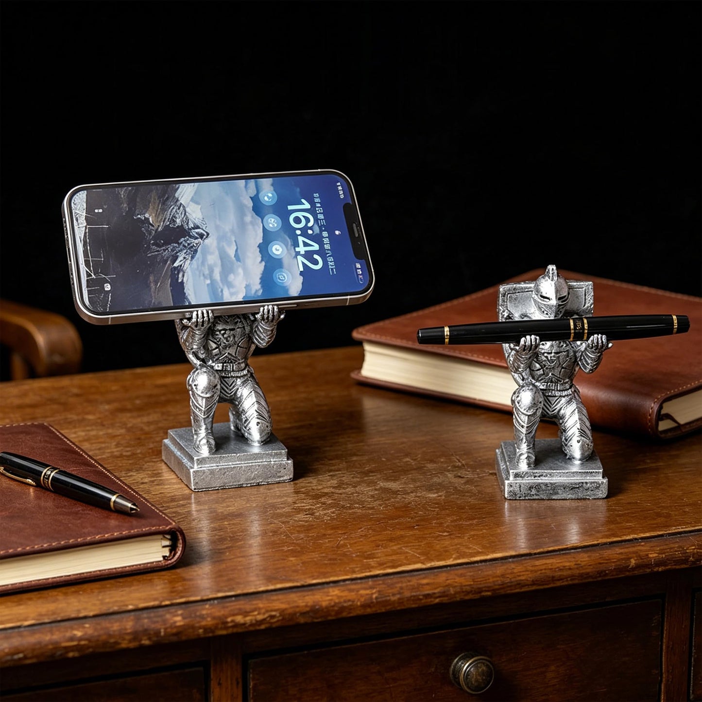 Resin Soldier Shield Knight Decor Statue Pen Holder Base for Desk, Desktop Organizer Pencil Stand Display for Office, School, Home, as Gift for Men Father