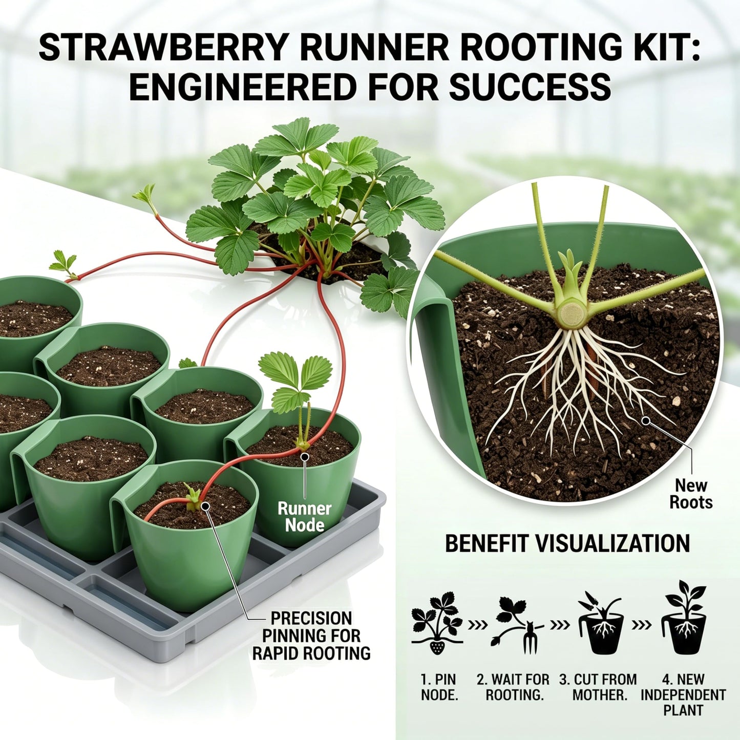 Ginwrek Strawberry Propagation Cups, 20 Pack Large Plastic Plant Cups with 50 Runner Forks Breathable Pots for Berry Plant Rooting, Space-Saving Hanging Design, S