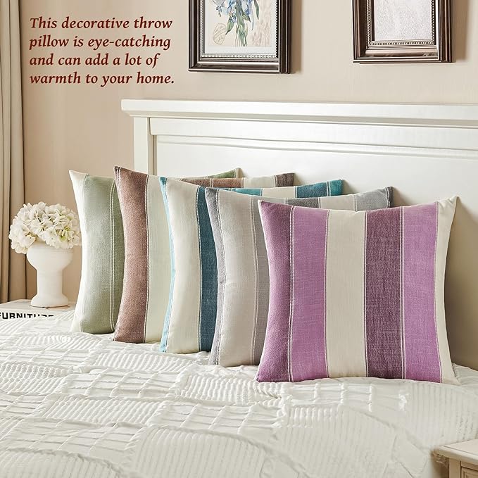 AmHoo Pack of 2 Farmhouse Stripe Check Throw Pillow Covers Set Case Cotton