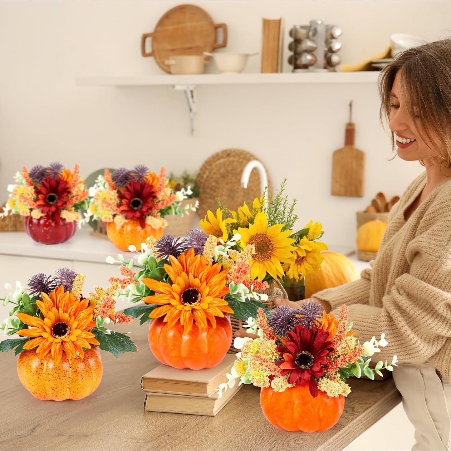 Set of 6 Mini Fall Pumpkin with Artificial Flower Decorations Thanksgiving Sunflower Centerpieces for Tables Harvest Fall Table Floral Decor Autumn Fireplace Mantle Living Room Home Kitchen Party
