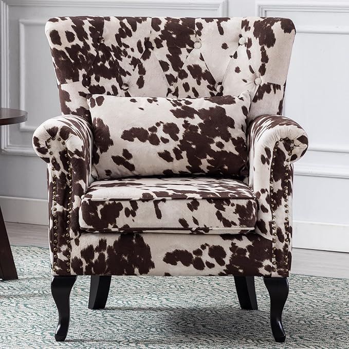 Mid Century Modern Accent Chair Upholstered Armchair Comfy Cowhide-Print Fabric