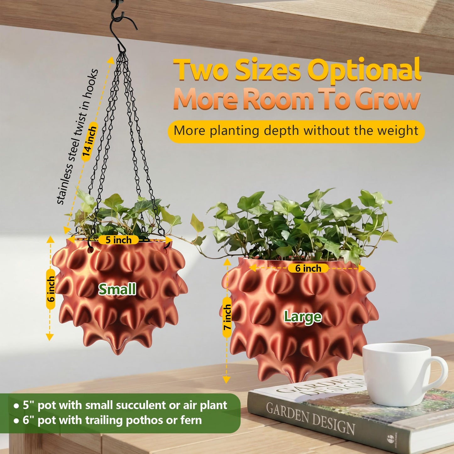 Enhon 6 Inch Hanging Planters for Indoor Plants, Unique Hanging Pots for Plants with Drainage and Hanger Baskets Hangers, Spiked Orb Plant Hanger, Silky Copper Finish