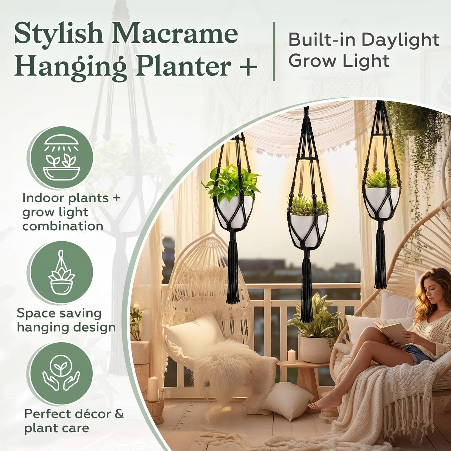 Huquary 3 Pack Macrame Plant Hanger with Grow Light Hanging Boho Planter Basket Flower Holder and Hanging Remote Grow Lights for Indoor Plants Suitable for Different Size Pots(Black)