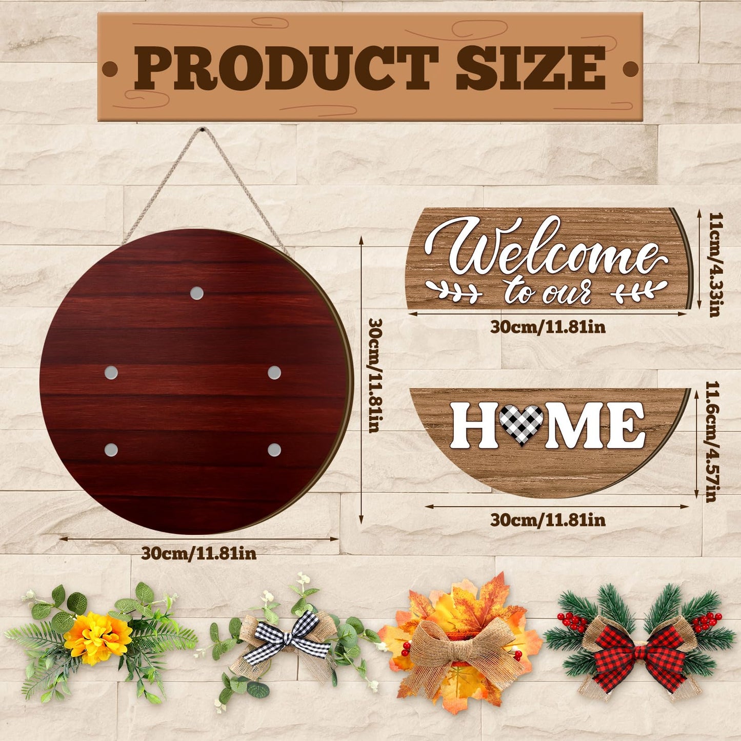 Vicenpal 22 Pcs Interchangeable Welcome Sign for Front Door with 17 Magnetic Icon Wooden Seasonal Front Porch Door Decor with 4 Seasonal Wreath for Holiday Halloween Christmas Gift(Dark Brown,Novel)