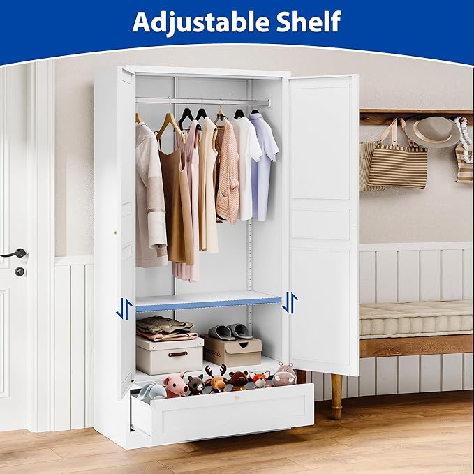 BYNSOE Metal Armoire Wardrobe Closet with 2 Doors 72'' Wardrobe Cabinet with Drawers and Hanging Rail Metal Closet with Adjustable Shelves for Bedroom. (White, with 1drawer)