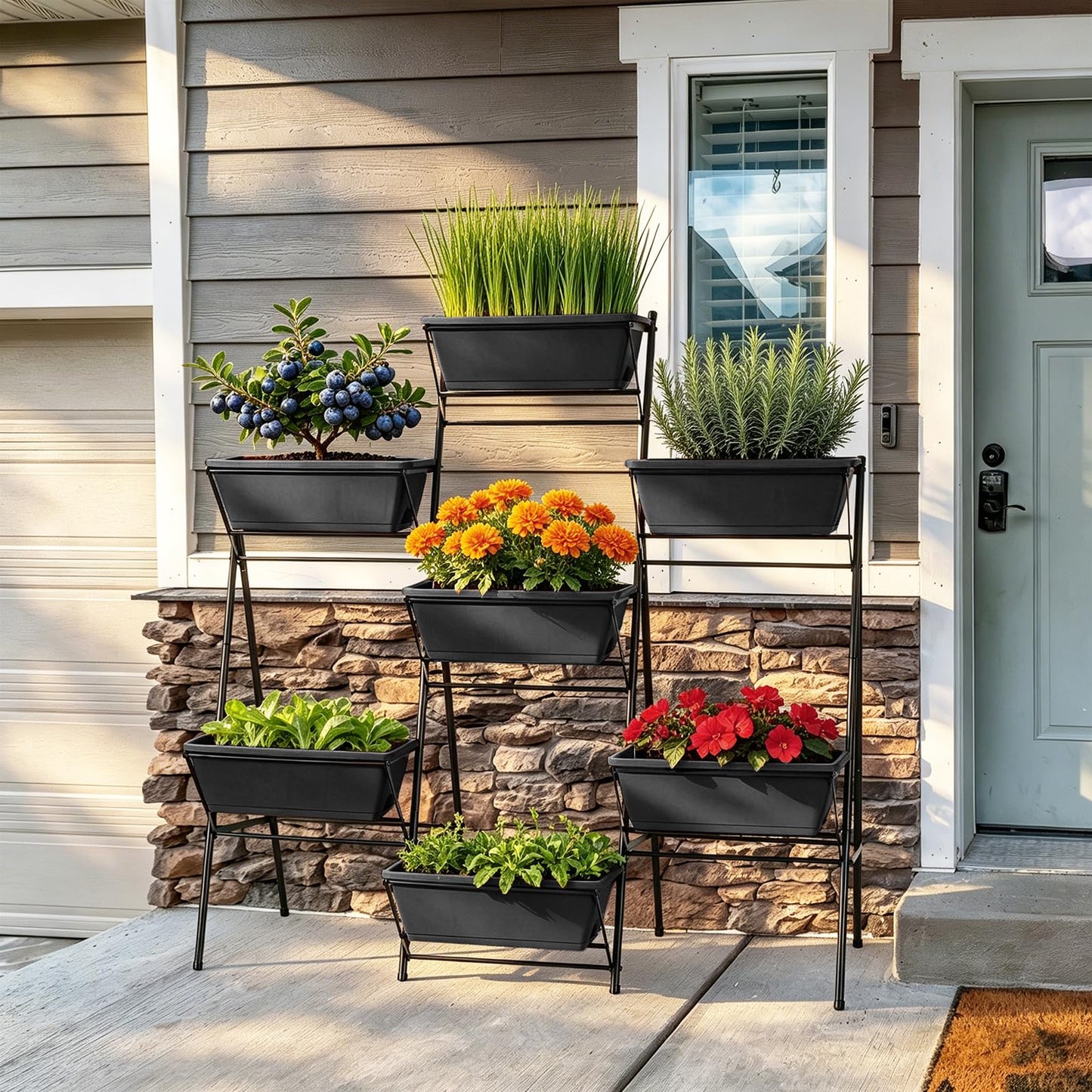 Sunexinlo 5-Tier Vertical Garden Planter with 7 Plant Boxes & Drainage Trays, Metal Freestanding Raised Bed for Herbs Flowers Vegetables, Indoor Outdoor for Patio Balcony Deck, Black