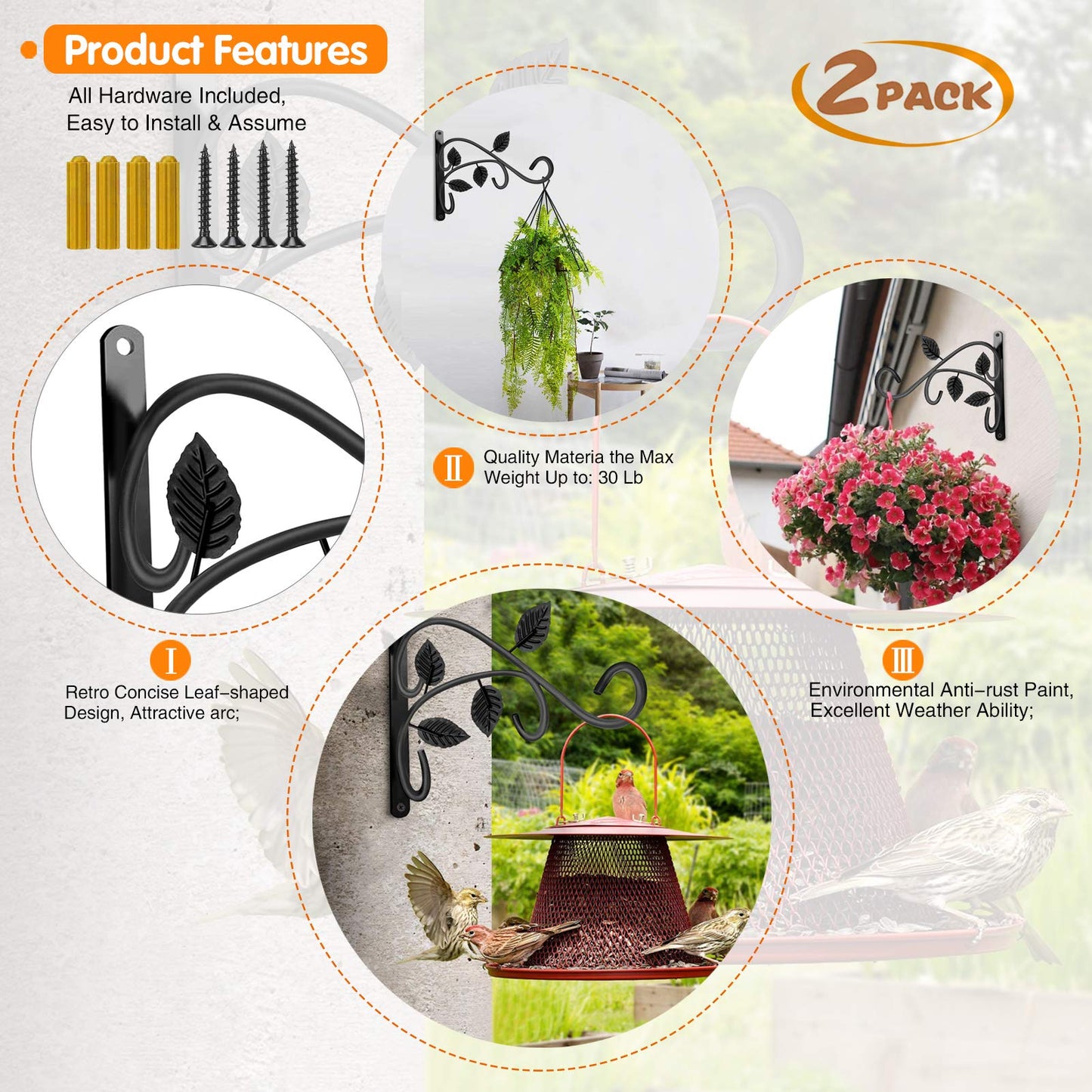 JUNBEI Hanging Plant Bracket, 12 Inch Wall Mount Hanging Plant Hook, Rust-Resistant Decorative Metal Plant Hanger for Flowers, Lanterns, Bird Feeders, Wind Chimes