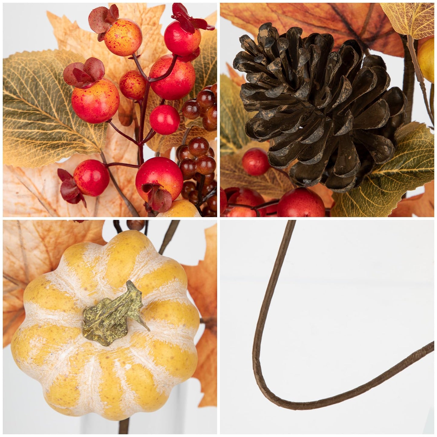 2PCS Artificial Fall Branches Fake Pumpkin Pine Cone Maple Beech Leaves with Red Berries, 30" Tall Faux Fall Stems Autumn Décor for Vase Farmhouse Kitchen Table Centerpiece Decoration