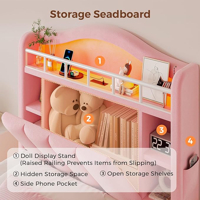 Twin LED Bed Frame with Storage Headboard & 2 Storage Drawers, Princess Velvet