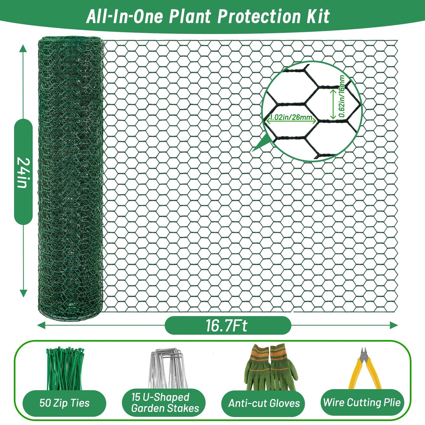 Convivium Plant Protectors from Animals, 0.8mm Free-Cut Green Chicken Wire Mesh, PVC Coated Tree Trunk Guard & Garden Fence for Outdoor Plants with Zip Ties, Stakes, Pliers, Gloves（16.7 Ft*24In）