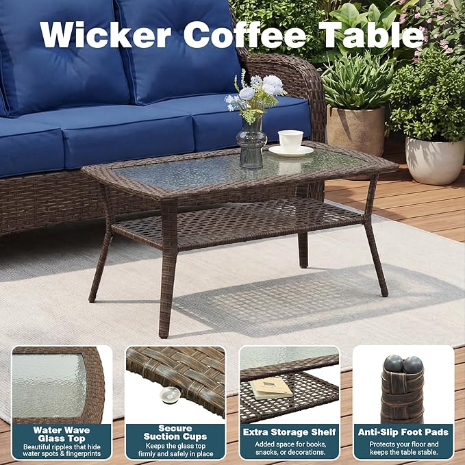 Patio Furniture Set, High Back Rattan Sofa & Swivel Rocker Chairs, Weather