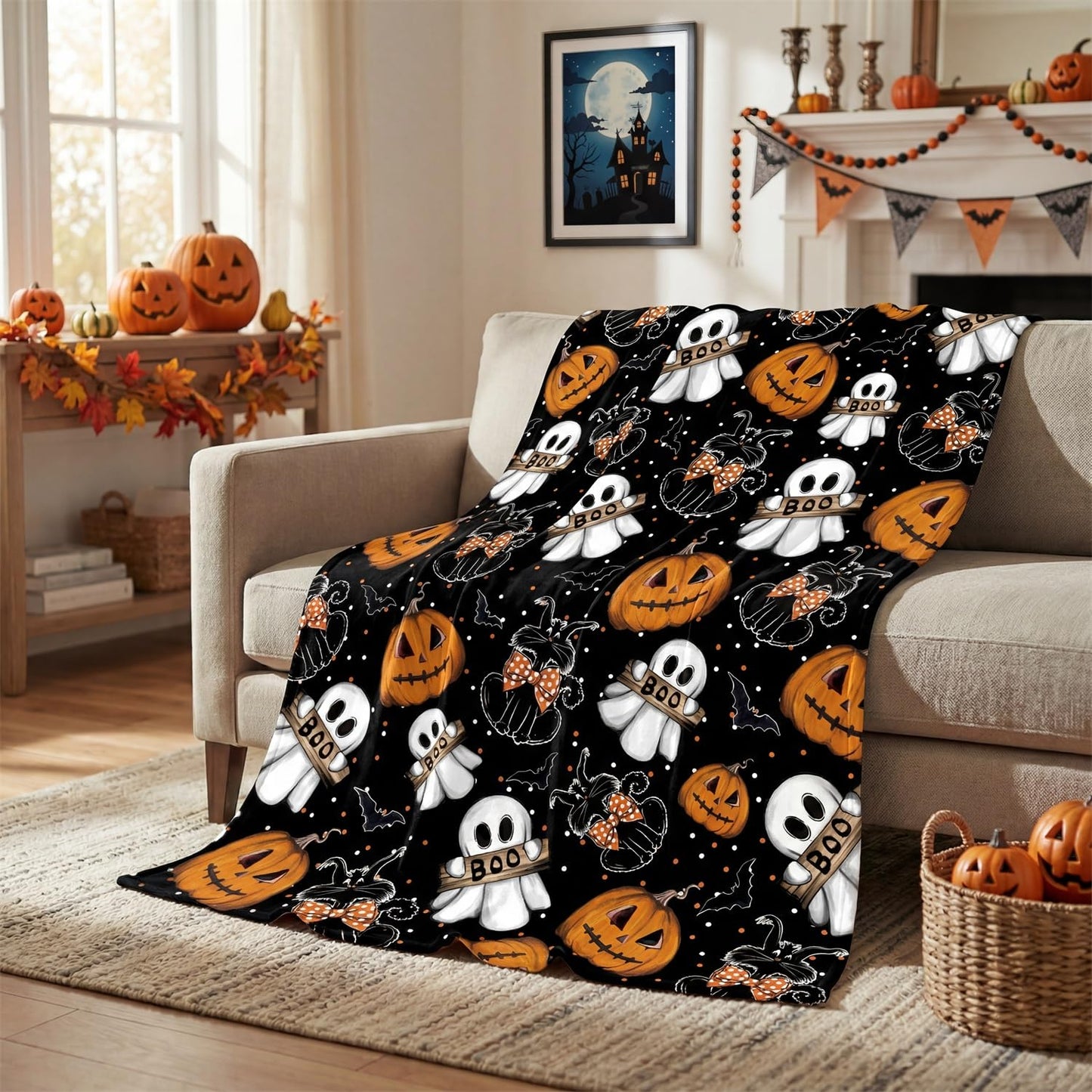Horaldaily Halloween Flannel Blanket Throw, Jack-O-Lantern Ghost Cat Dots Soft Fuzzy Plush Cozy Fleece Blankets for Couch Sofa Bed Lounging, Ideal Gifts for Kids Adults Wife Self, 50x60
