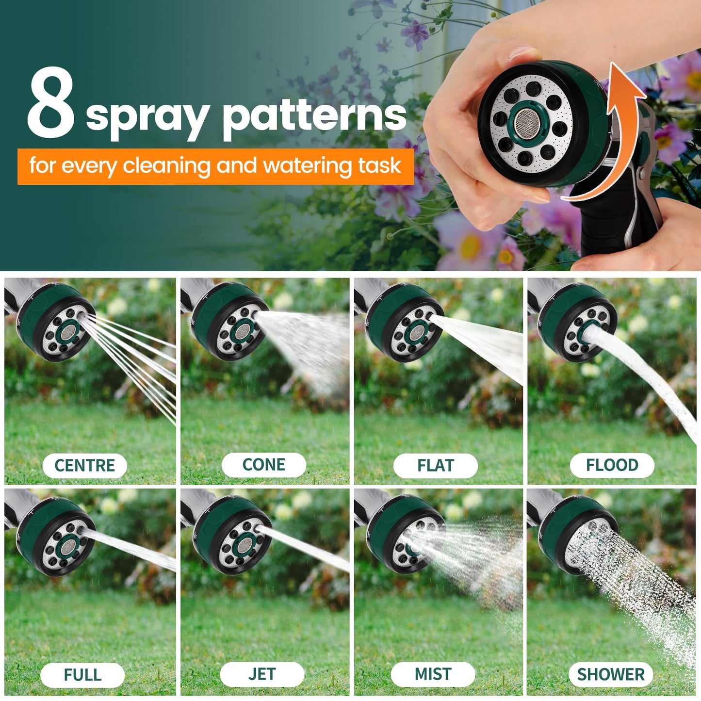 Seatern Garden Hose Nozzle, Heavy Duty Metal Water Hose Sprayer Nozzle with 8 Spray Patterns, High Pressure Handheld Nozzle with Flow Control for Lawn & Plant Watering, Car Washing – Forest Green