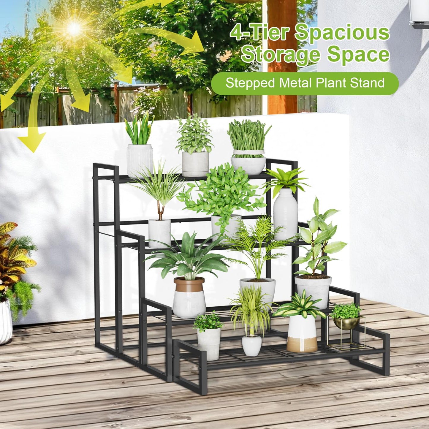 VyGrow Plant Stand, 4 Tier Stackable Tiered Plant Stand, Scalable Heavy Duty Tall Plant Shelf for Indoor Outdoor, Garden, Display Shelves, Flower Pot Holder, Black