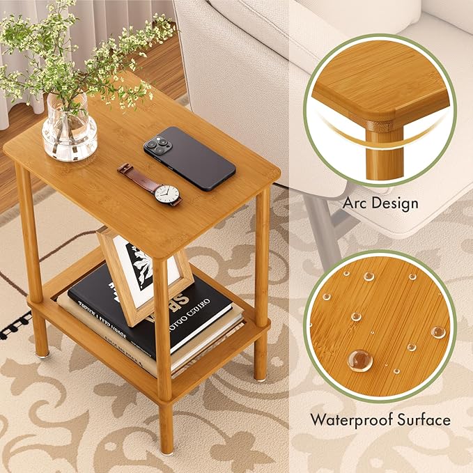 2-Tier Small Side Table, Narrow Entryway Table, Bedside End Table, Bamboo Night