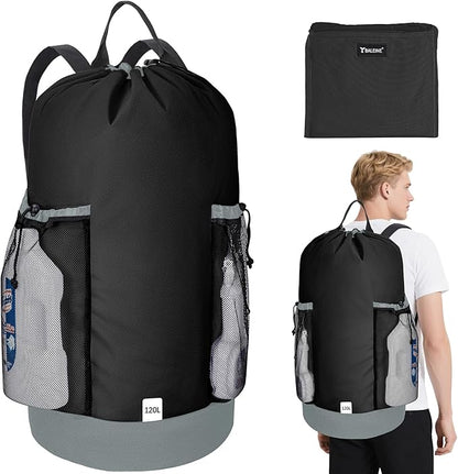 BALEINE 120L Laundry Bag Backpack, 900D Oxford Fabric Large Travel Laundry Bags with Shoulder Straps and 2 Mesh Pockets for College Dorm, Apartment, Laundromat (Black, 120L)
