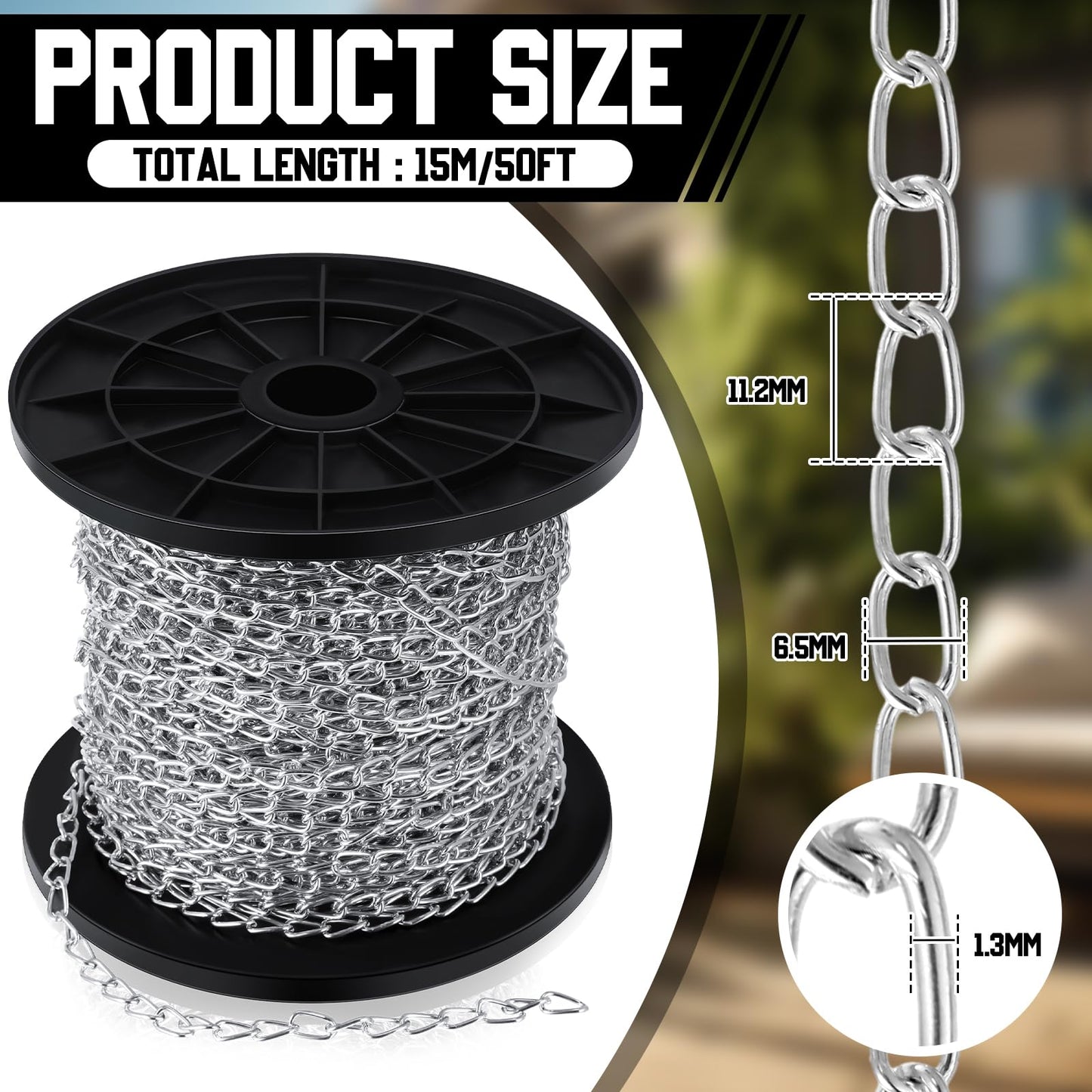 Yaocom 50 ft Galvanized Steel Hanging Jack Chain Silver Metal Link Chain Roll Spool for Light Fixture, Bird Feeders, Overhead Lights, Artworks, Flowerpots(1.3mm)