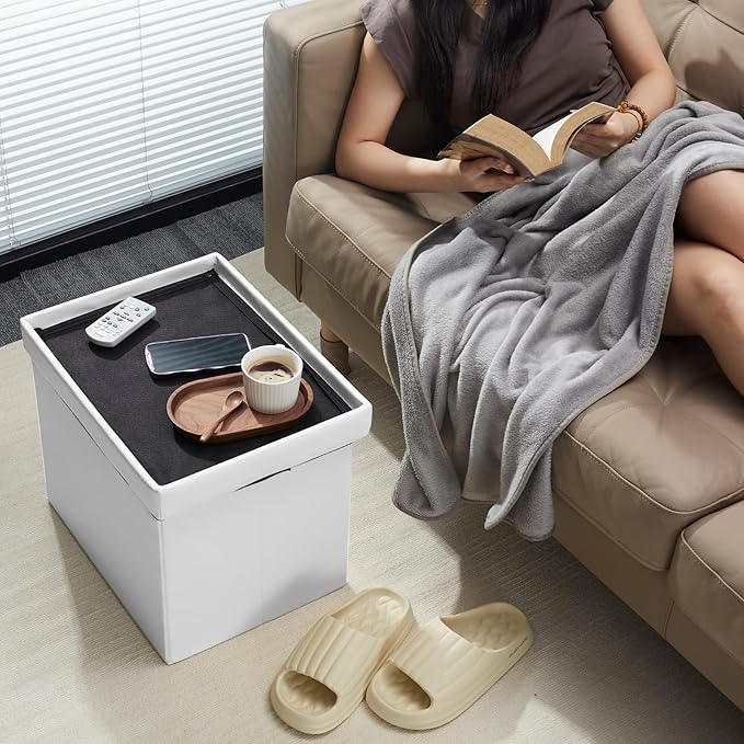 AmasSmile Storage Ottoman Folding Foot Rest Stool, Leather Footstool Bench