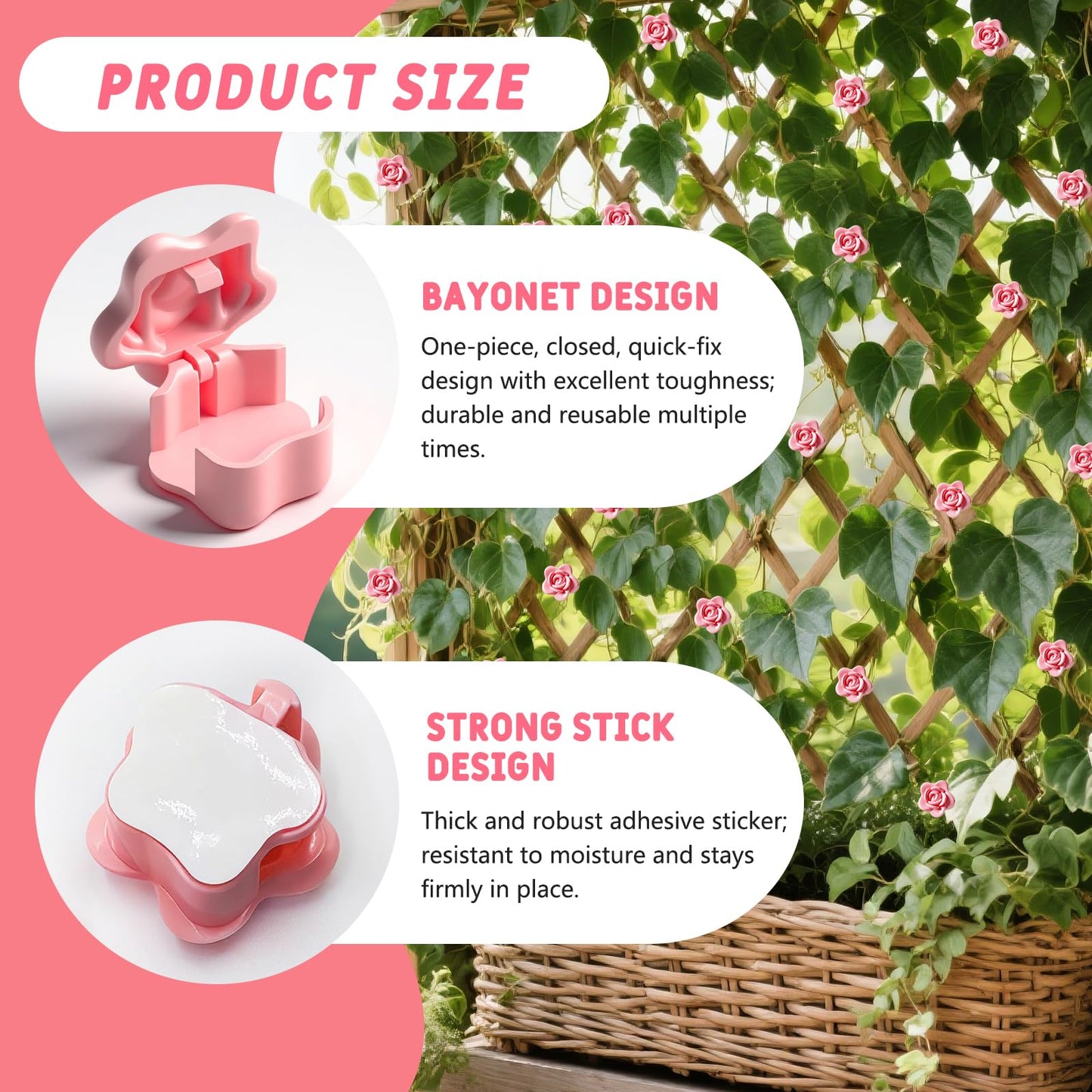 50 Pack Plant Vine Wall Clips – Decorative Flower Clips for Climbing Plants, Indoor & Outdoor Garden Vine Holders, Pink, Tool-Free Use, ABS Plastic