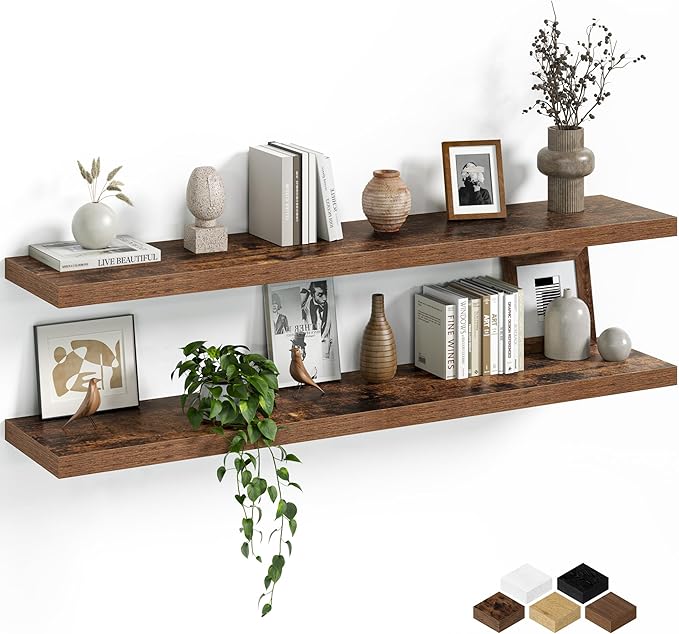 Fun Memories Floating Shelves for Wall, 48 Inch Long Set of 2 Rustic Wood Wall