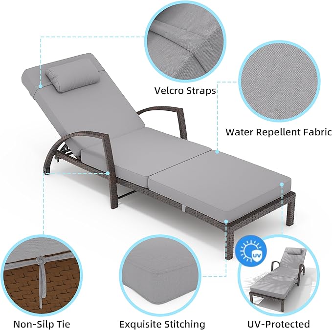 GarveeLife 2-Piece Rattan Patio Folding Chaise Lounge, 5-Position Adjustable