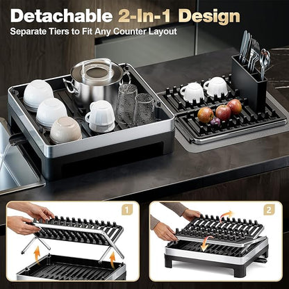 Dish Drying Rack, 2-Tier Stainless Steel Dish Rack with X-Frame and Drainage Spout, Large Collapsible Dish Drainer for Kitchen Counter, Dish Strainer with Utensil and Wine Glass Holder, Black
