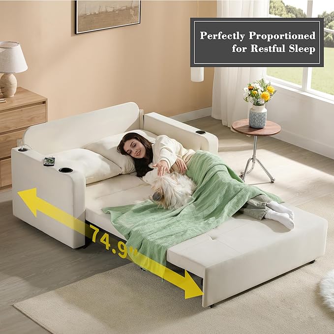 Krcix 3 in 1 Pull Out Couch, 56 Inch Velvet Sofa Bed, Convertible Sleeper Sofa