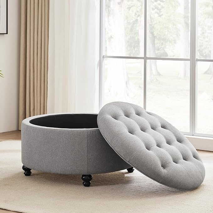 HUIMO 30-Inch Round Storage Ottoman, Modern Button Tufted Coffee Table